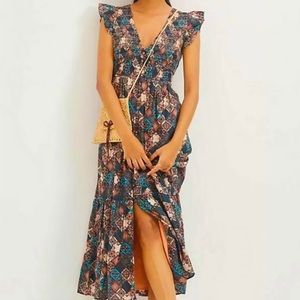 Anthropologie The Peregrine Midi Dress Turquoise Brown Patterned Flutter Sleeve